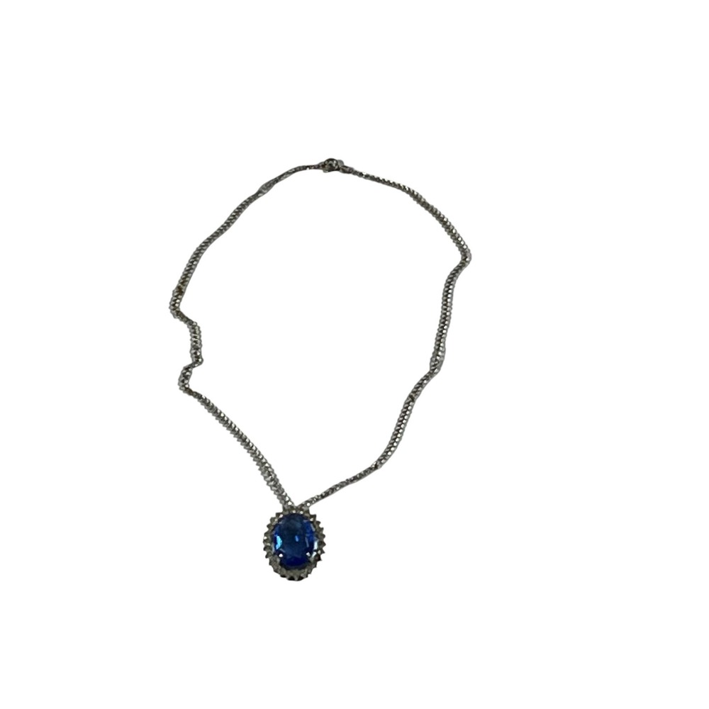 Oval Blue Gemstone Pendant Necklace Broach Silver Tone Chain Halo Accent